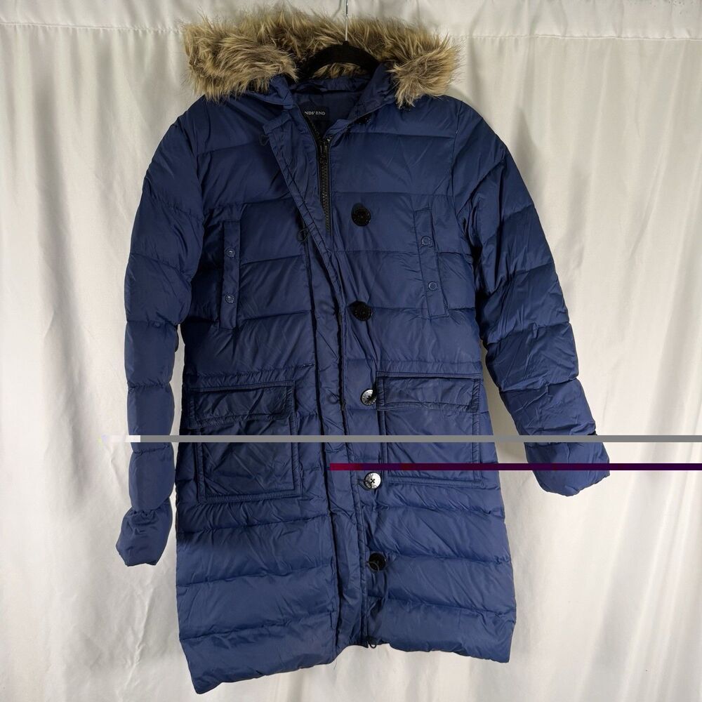 Land's End Goose Down Parka Coat Women's Small 6-8 Blue Full Zip Faux Fur Hood